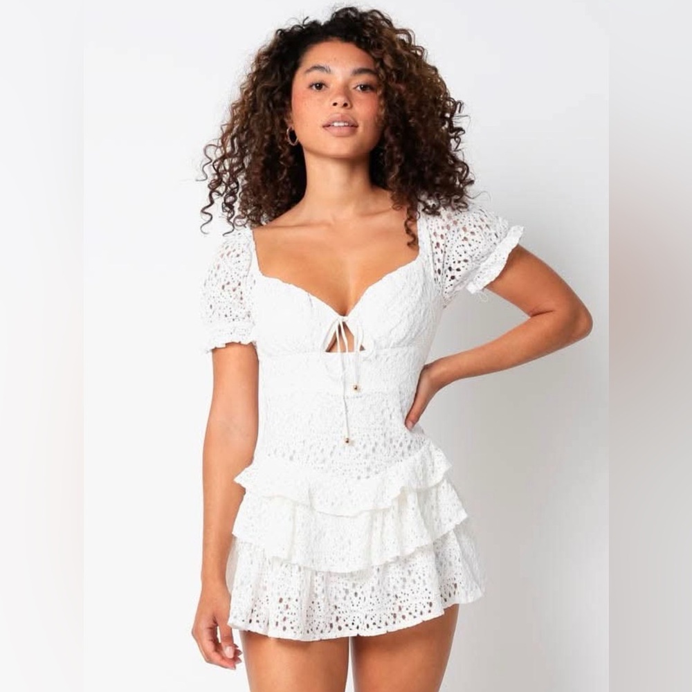 Olivaceous White Crochet Lace Ruffle mini Dress Sz M